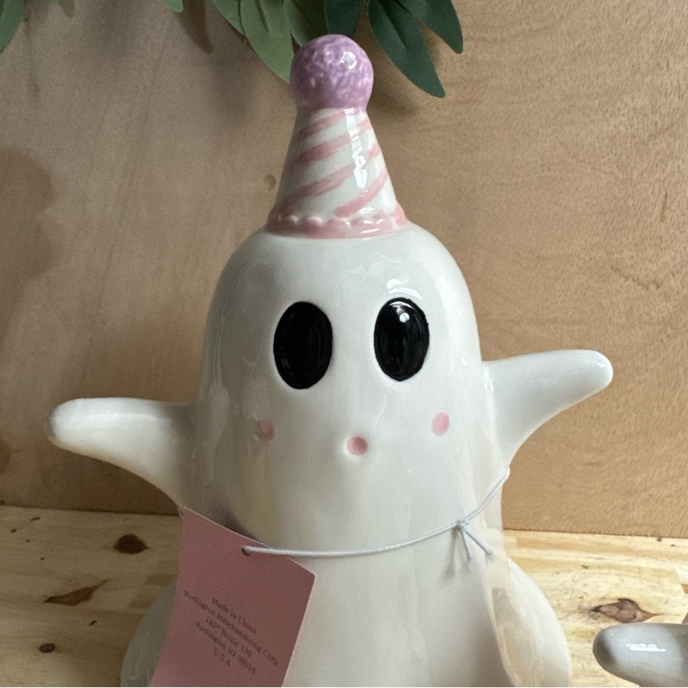 NEW Halloween Ghost w Party Hats Ceramic 8” & 10” SET OF 2 - Picture 3 of 4